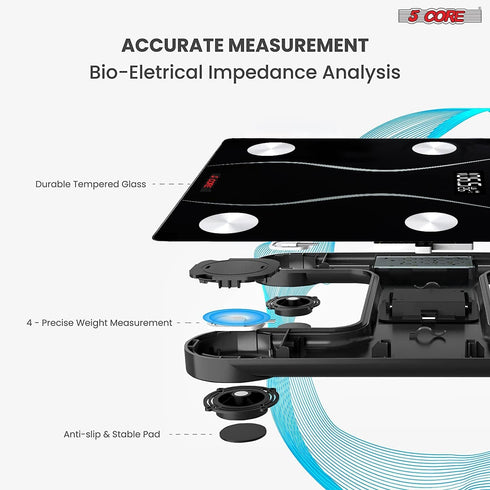 Rechargeable Digital Scale for Body Weight; Precision Bathroom Weighing Bath Scale; Step-On Technology; High Capacity - 400 lbs. Large Display; Batteries Included 5 Core BS 01 R BLK