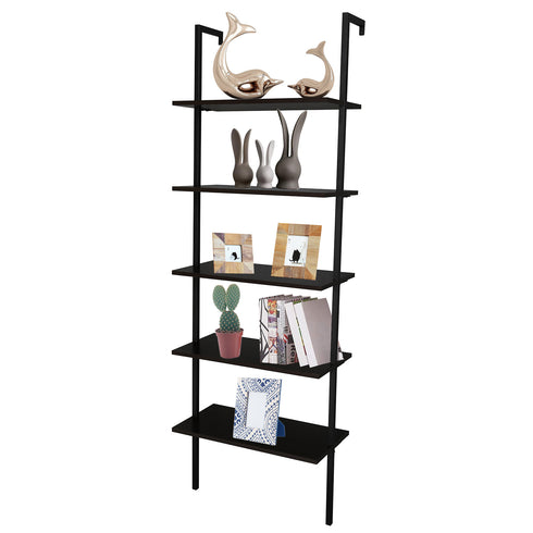 5-Shelf Wood Ladder Bookcase with Metal Frame; Industrial 5-Tier Modern Ladder Shelf Wood Shelves XH