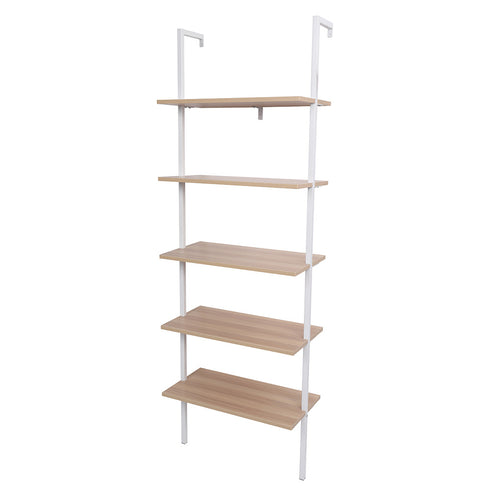 5-Shelf Wood Ladder Bookcase with Metal Frame; Industrial 5-Tier Modern Ladder Shelf Wood Shelves XH