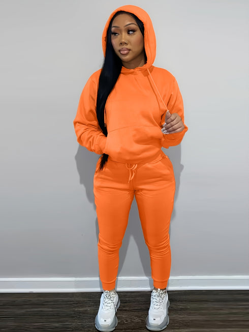 Casual Drawstring Pantsuits Two-piece Set; Pocket Hoodies Tops & Loose Long Sweatpants Set; Women's Clothing