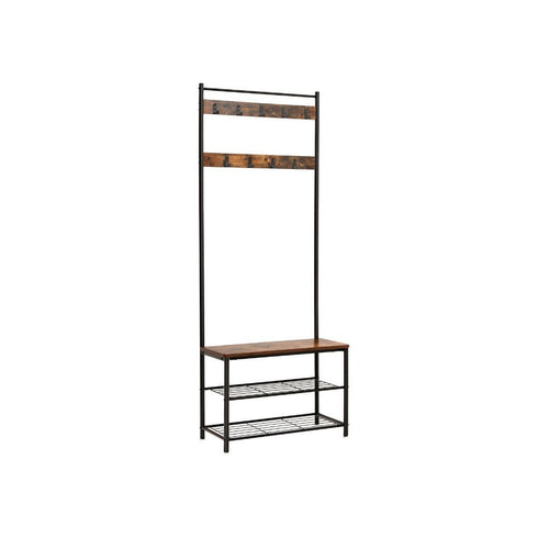 Wood and Metal Frame Hall Tree with Slatted Shelves; Rustic Brown and Black