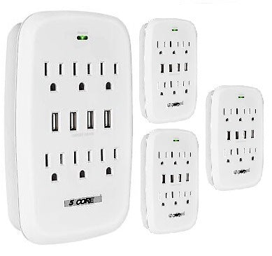 6 Outlet Wall Plug Extender with 4 USB Ports (4.8A Total); Multi Plug Outlet Adapter Wall Surge Protector 15A Electrical Outlet Expander with USB Ports 5 Core WMS 6S 4USB
