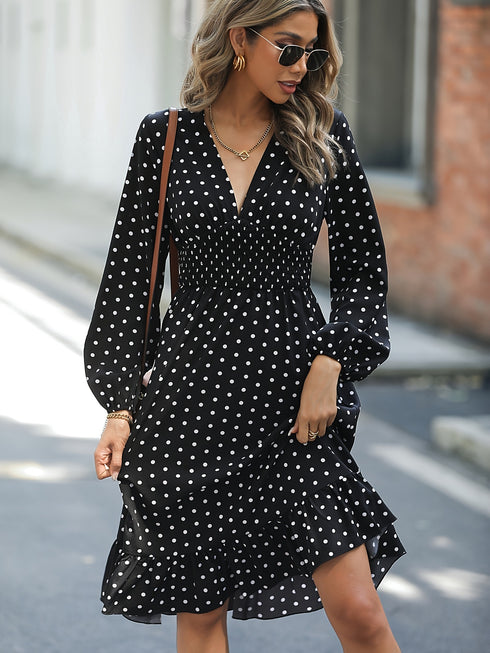 Retro V-neck Ruffle Dress; Polka Dot Print Long Sleeve Waist Loose Summer Dresses; Women's Clothing