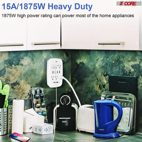 6 Outlet Wall Plug Extender with 4 USB Ports (4.8A Total); Multi Plug Outlet Adapter Wall Surge Protector 15A Electrical Outlet Expander with USB Ports 5 Core WMS 6S 4USB