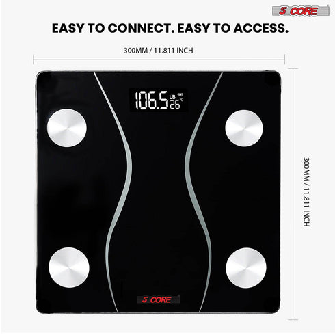 Rechargeable Digital Scale for Body Weight; Precision Bathroom Weighing Bath Scale; Step-On Technology; High Capacity - 400 lbs. Large Display; Batteries Included 5 Core BS 01 R BLK
