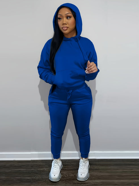 Casual Drawstring Pantsuits Two-piece Set; Pocket Hoodies Tops & Loose Long Sweatpants Set; Women's Clothing