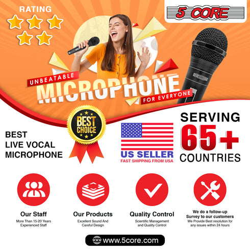 5 CORE Premium Vocal Dynamic Cardioid Handheld Microphone Unidirectional Mic with 16ft Detachable XLR Cable to ¼ inch Audio Jack and On/Off Switch for Karaoke Singing PM 757