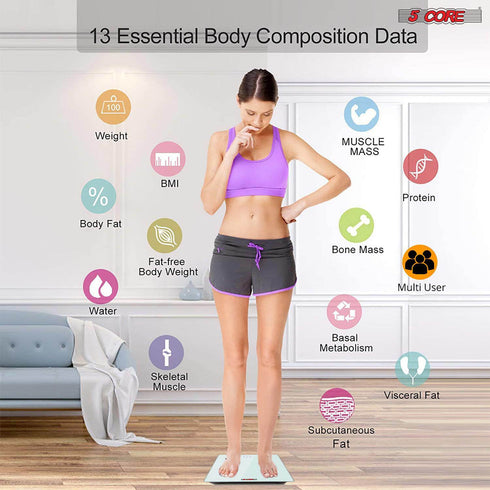 5 Core Smart Digital Bathroom Weighing Scale with Body Fat and Water Weight for People; Bluetooth BMI Electronic Body Analyzer Machine; 400 lbs. BBS DOT B WH