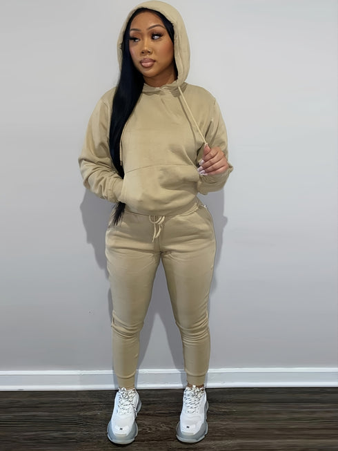 Casual Drawstring Pantsuits Two-piece Set; Pocket Hoodies Tops & Loose Long Sweatpants Set; Women's Clothing