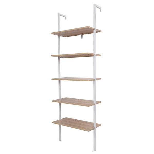 5-Shelf Wood Ladder Bookcase with Metal Frame; Industrial 5-Tier Modern Ladder Shelf Wood Shelves XH