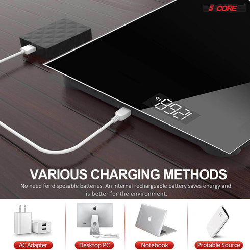5 Core Rechargeable Digital Scale for Body Weight; Precision Bathroom Weighing Bath Scale; Step-On Technology; High Capacity - 400 lbs. Large Display; Batteries Included BS 02 R BLK