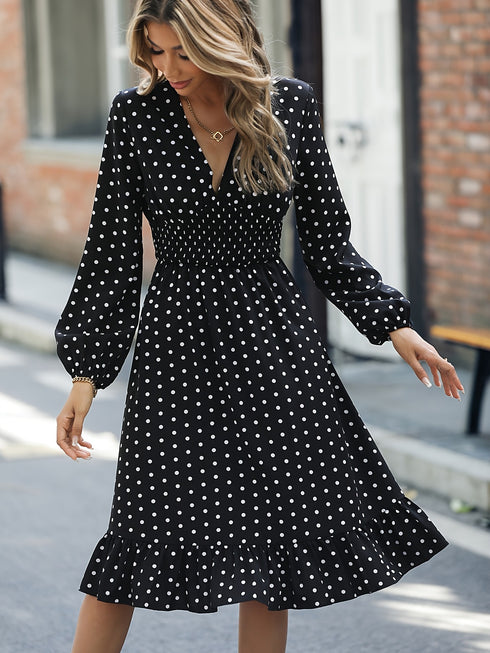 Retro V-neck Ruffle Dress; Polka Dot Print Long Sleeve Waist Loose Summer Dresses; Women's Clothing