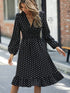Retro V-neck Ruffle Dress; Polka Dot Print Long Sleeve Waist Loose Summer Dresses; Women's Clothing