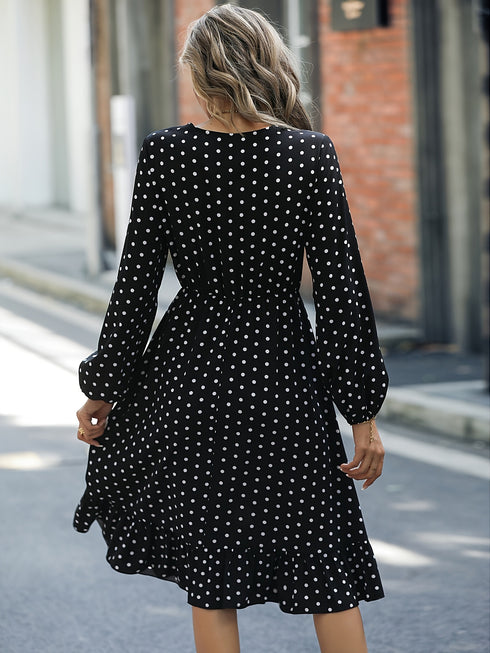 Retro V-neck Ruffle Dress; Polka Dot Print Long Sleeve Waist Loose Summer Dresses; Women's Clothing