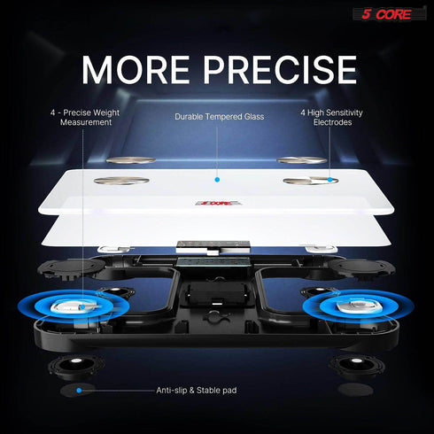 5 Core Smart Digital Bathroom Weighing Scale with Body Fat and Water Weight for People; Bluetooth BMI Electronic Body Analyzer Machine; 400 lbs. BBS DOT B WH