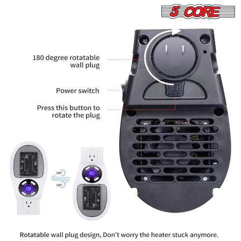 Programmable Space Heater; with Led Display Wall Outlet Electric Heater with Adjustable Thermostat and Timer for Home Office Indoor Use With Remote Control 500 Watt ETL Approved 5 Core PIH
