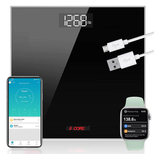 5 Core Rechargeable Digital Scale for Body Weight; Precision Bathroom Weighing Bath Scale; Step-On Technology; High Capacity - 400 lbs. Large Display; Batteries Included BS 02 R BLK