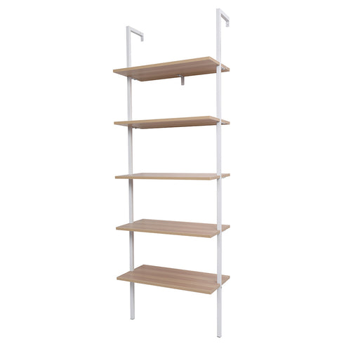 5-Shelf Wood Ladder Bookcase with Metal Frame; Industrial 5-Tier Modern Ladder Shelf Wood Shelves XH