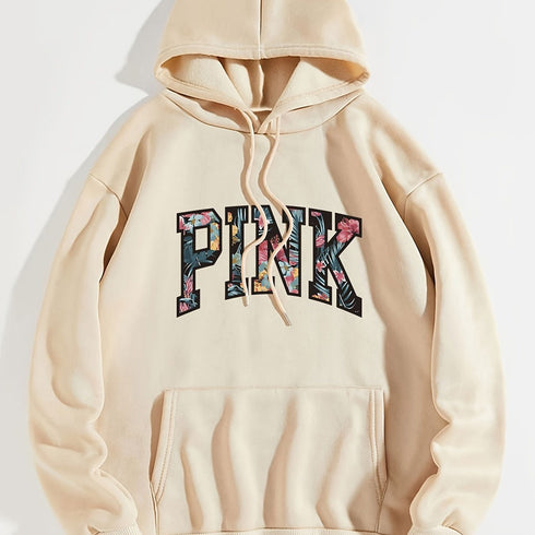 Letter Graphic Print Drawstring Loose Hoodie; Casual Hooded Pocket Fashion Long Sleeve Sweatshirt; Women's Clothing