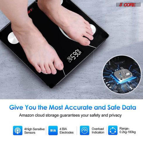 Rechargeable Digital Scale for Body Weight; Precision Bathroom Weighing Bath Scale; Step-On Technology; High Capacity - 400 lbs. Large Display; Batteries Included 5 Core BS 01 R BLK