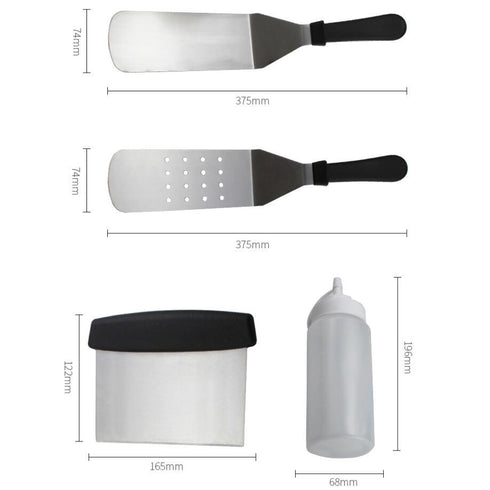 Stainless Steel Barbecue Tool Set Ergonomic Handle - 2 Perforated Flat Spatula, Turner, Scraper, 2 Squirt Bottles - Grilling, Camping, Outdoor Cooking, Burger Turner