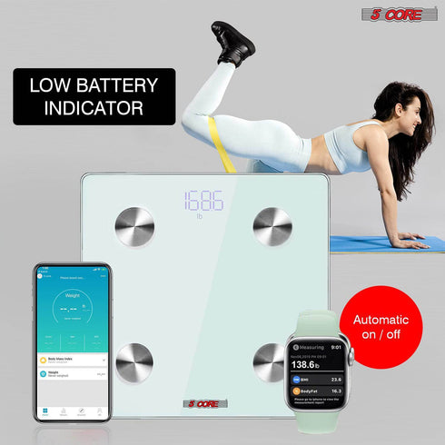 5 Core Smart Digital Bathroom Weighing Scale with Body Fat and Water Weight for People; Bluetooth BMI Electronic Body Analyzer Machine; 400 lbs. BBS DOT B WH