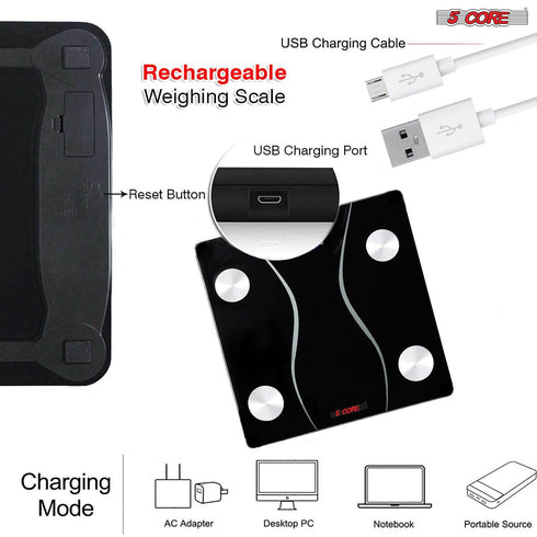 Rechargeable Digital Scale for Body Weight; Precision Bathroom Weighing Bath Scale; Step-On Technology; High Capacity - 400 lbs. Large Display; Batteries Included 5 Core BS 01 R BLK