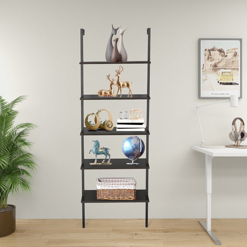 5-Shelf Wood Ladder Bookcase with Metal Frame; Industrial 5-Tier Modern Ladder Shelf Wood Shelves XH