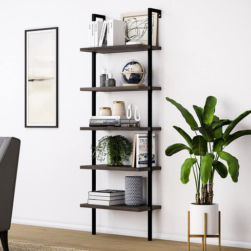 5-Shelf Wood Ladder Bookcase with Metal Frame; Industrial 5-Tier Modern Ladder Shelf Wood Shelves XH