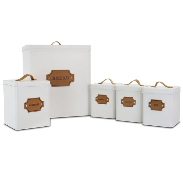 MegaChef Kitchen Food Storage and Organization 5 Piece Canister Set in White - Metal & Leather