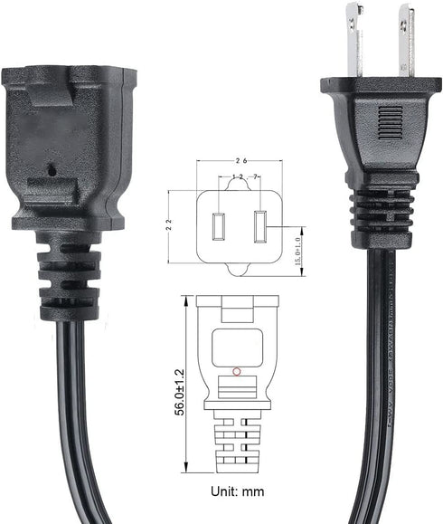 2-Prong Male-Female Extension Power Cord Cable; Outlet Extension Cable Cord US AC 2-Prong Male-Female Power Cable 13A/125V; Black 5 Core EXC BLK 12FT