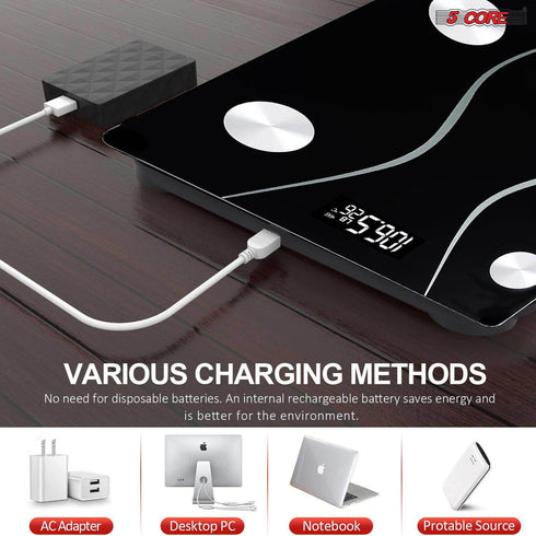 Rechargeable Digital Scale for Body Weight; Precision Bathroom Weighing Bath Scale; Step-On Technology; High Capacity - 400 lbs. Large Display; Batteries Included 5 Core BS 01 R BLK